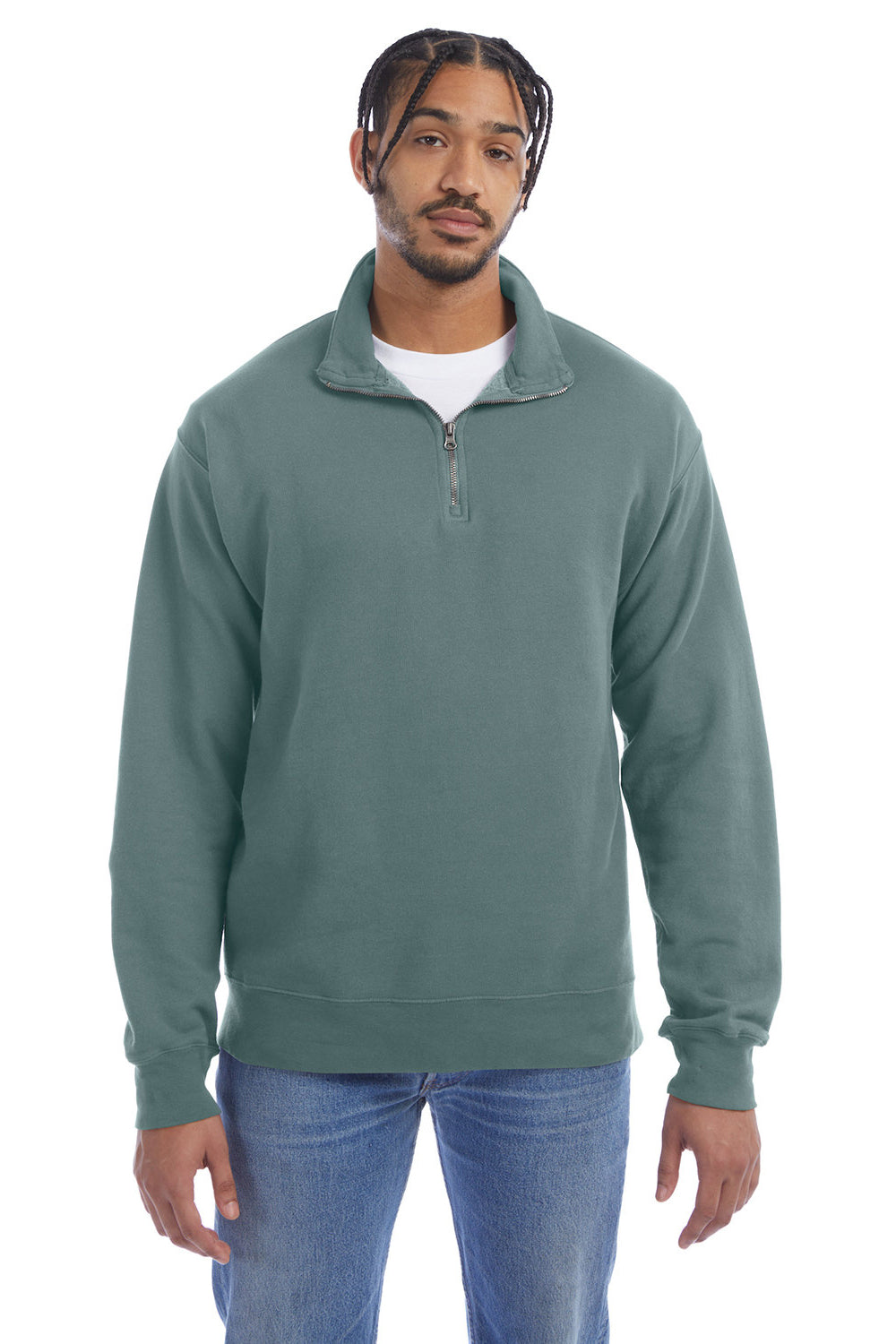 ComfortWash By Hanes GDH425 Mens 1/4 Zip Sweatshirt Cypress Green Model Front