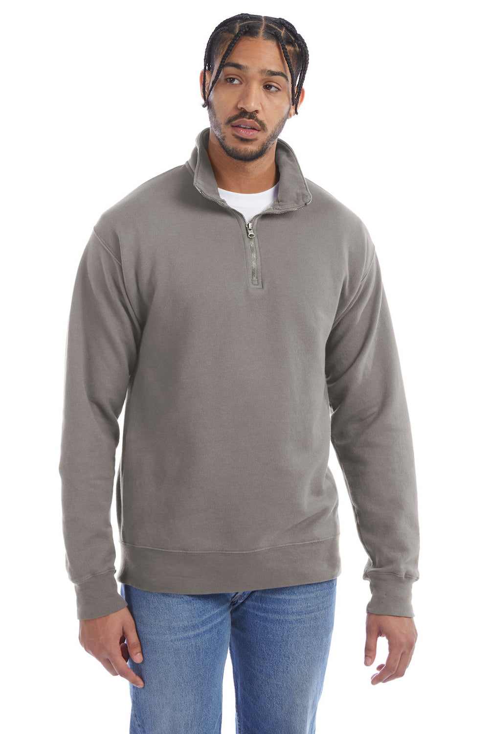 ComfortWash By Hanes GDH425 Mens 1/4 Zip Sweatshirt Concrete Grey Model Front