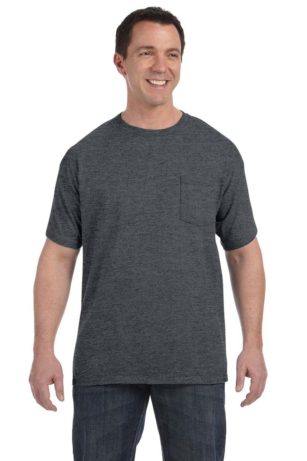 Hanes 5590/H5590 Mens ComfortSoft Short Sleeve Crewneck T-Shirt w/ Pocket Heather Charcoal Grey Model Front