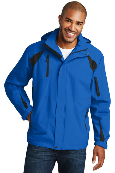 Port Authority J304 Mens All Season II Waterproof Full Zip Hooded Jacket Snorkel Blue/Black Model Front