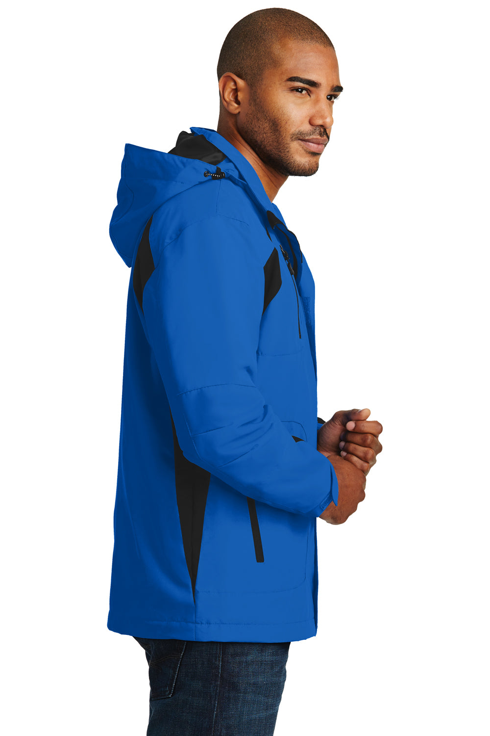 Port Authority J304 Mens All Season II Waterproof Full Zip Hooded Jacket Snorkel Blue/Black Model Side