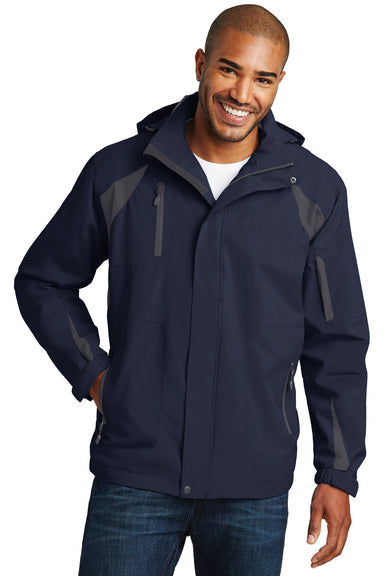 Port Authority J304 Mens All Season II Waterproof Full Zip Hooded Jacket True Navy Blue/Iron Grey Model Front