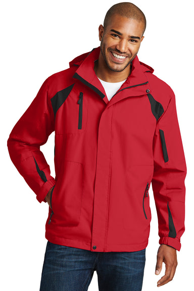 Port Authority J304 Mens All Season II Waterproof Full Zip Hooded Jacket True Red/Black Model Front