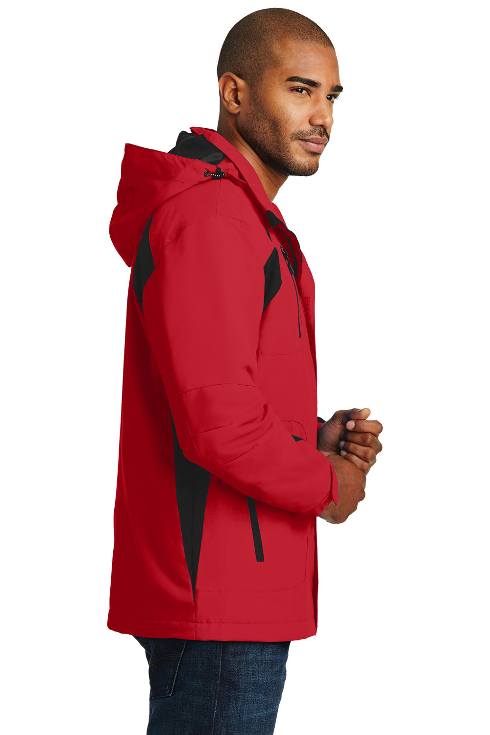 Port Authority J304 Mens All Season II Waterproof Full Zip Hooded Jacket True Red/Black Model Side