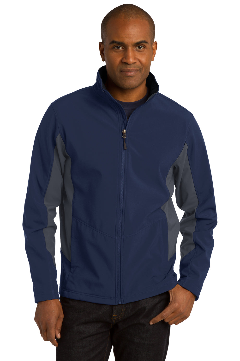 Port Authority J318/TLJ318 Mens Core Wind & Water Resistant Full Zip Jacket Dress Navy Blue/Battleship Grey Model Front