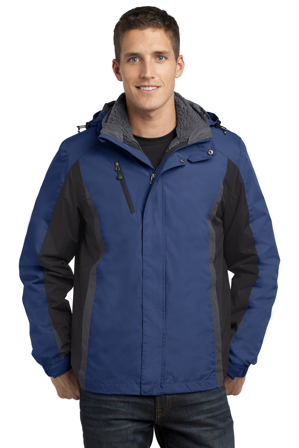 Port Authority J321 Mens 3-in-1 Wind & Water Resistant Full Zip Hooded Jacket Admiral Blue/Black/Magnet Grey Model Front