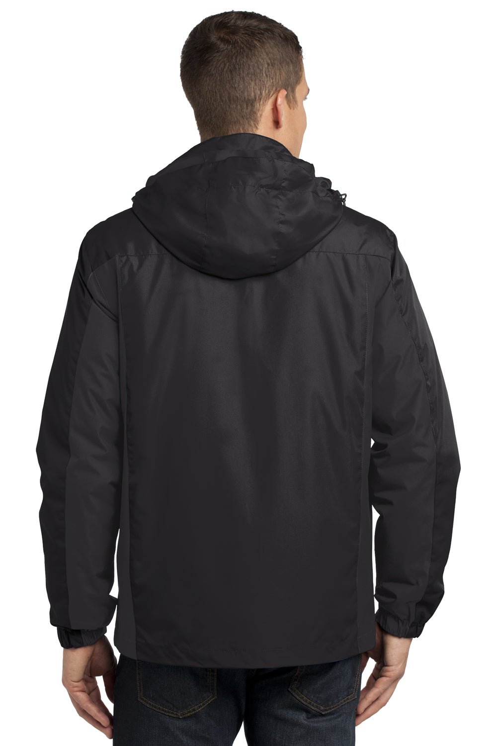 Port Authority J321 Mens 3-in-1 Wind & Water Resistant Full Zip Hooded Jacket Black/Magnet Grey Model Back