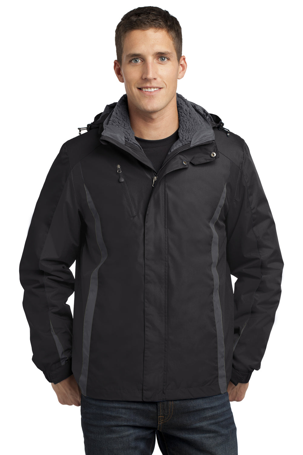 Port Authority J321 Mens 3-in-1 Wind & Water Resistant Full Zip Hooded Jacket Black/Magnet Grey Model Front