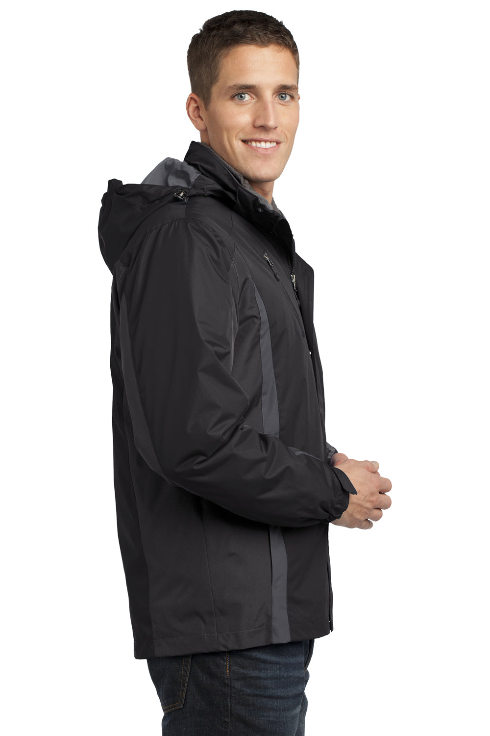 Port Authority J321 Mens 3-in-1 Wind & Water Resistant Full Zip Hooded Jacket Black/Magnet Grey Model Side