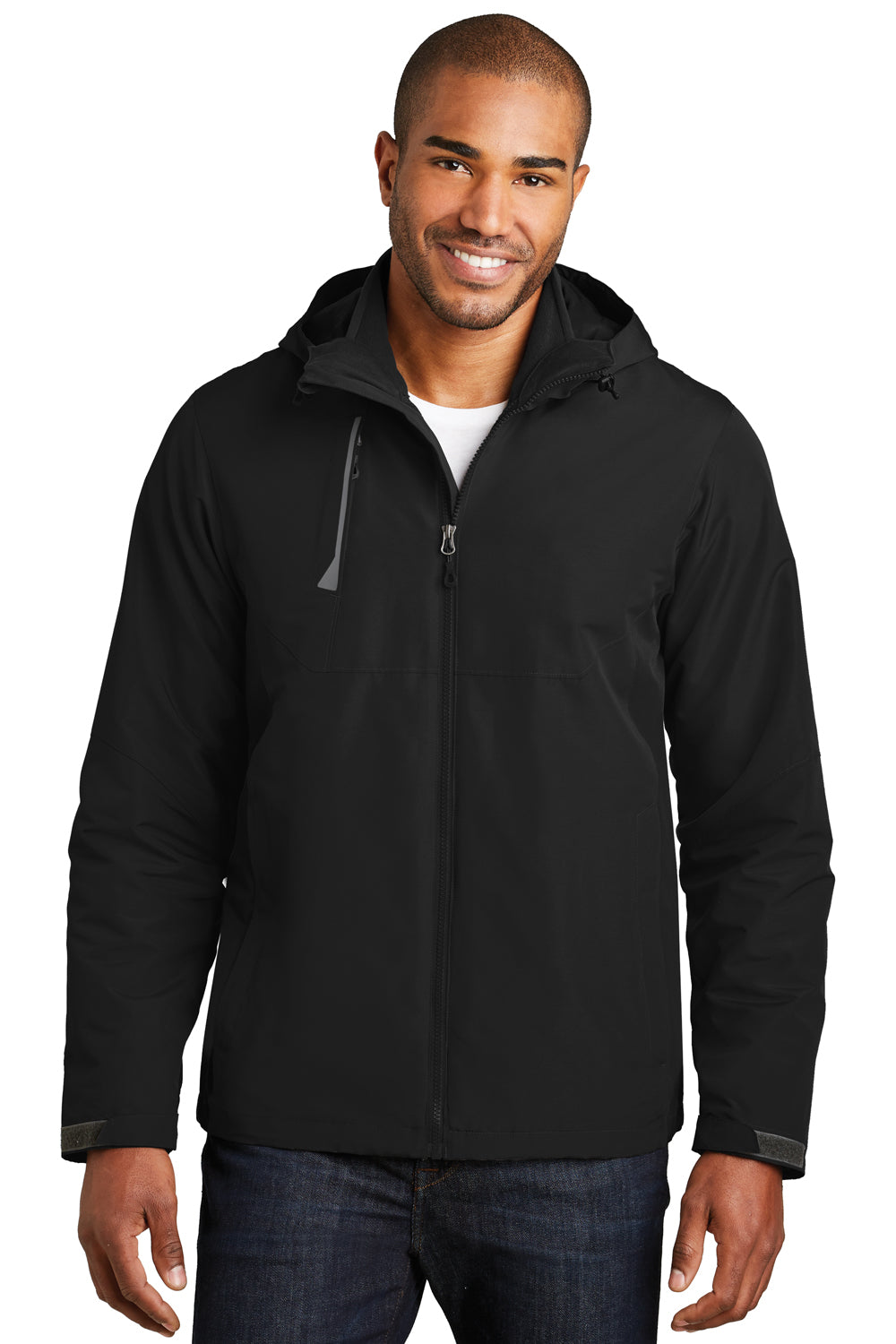 Port Authority J338 Mens Merge 3-in-1 Wind & Water Full Zip Hooded Jacket Deep Black Model Front