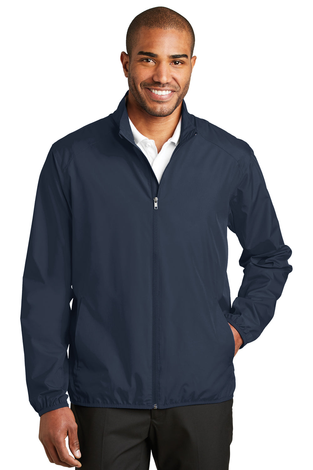 Port Authority J344 Mens Zephyr Wind & Water Resistant Full Zip Jacket Dress Navy Blue Model Front