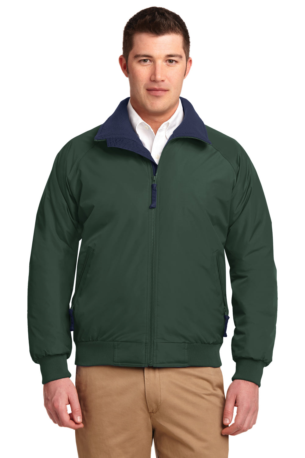 Port Authority J754/TLJ754 Mens Challenger Wind & Water Resistant Full Zip Jacket True Hunter Green/True Navy Blue Model Front