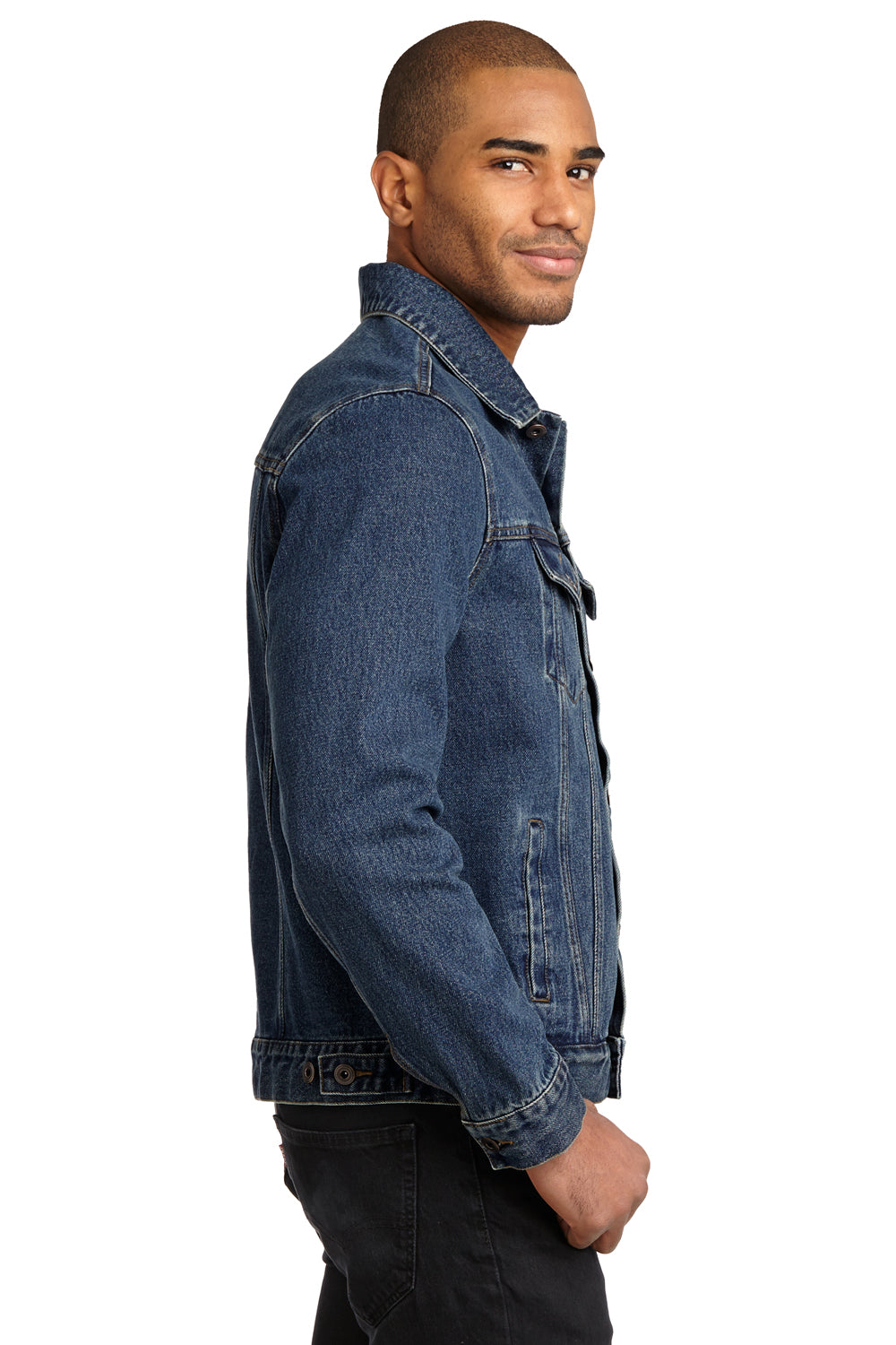 Port Authority J7620 Mens Stonewashed Denim Button Down Jacket Denim Blue Model Side