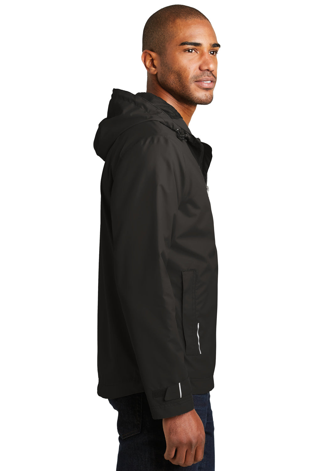 Port Authority J7710 Mens Northwest Slicker Waterproof Full Zip Hooded Jacket Black Model Side