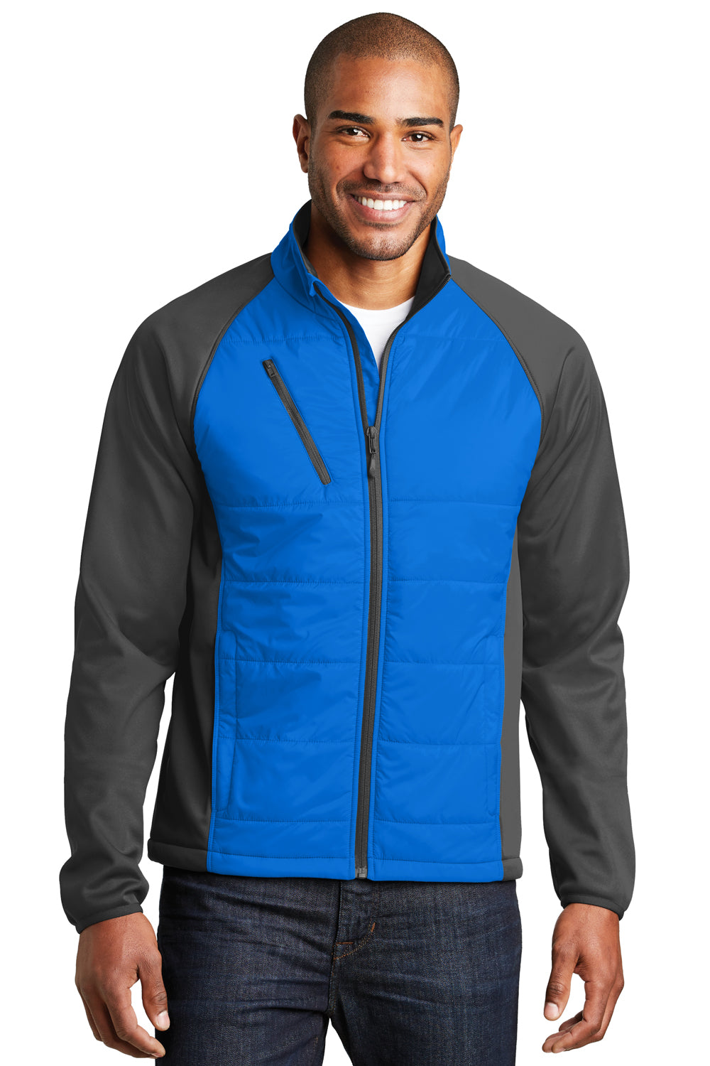 Port Authority J787 Mens Hybrid Wind & Water Resistant Full Zip Jacket Skydiver Blue/Steel Grey Model Front