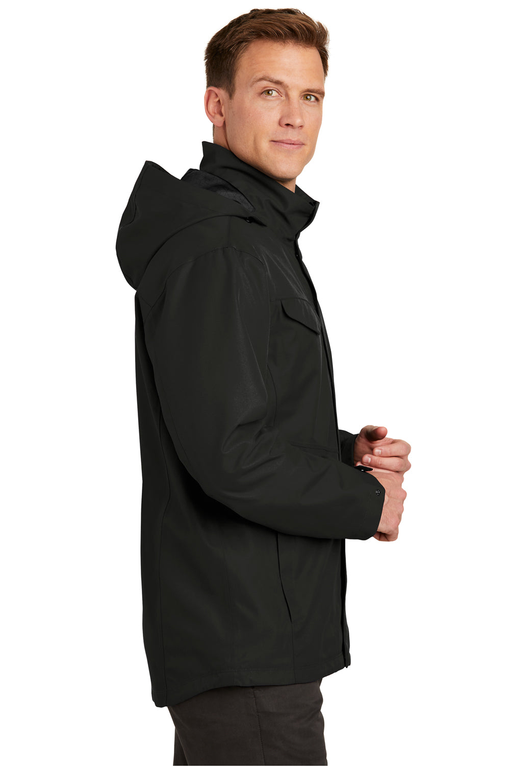 Port Authority J900 Mens Collective Waterproof Full Zip Hooded Jacket Deep Black Model Side