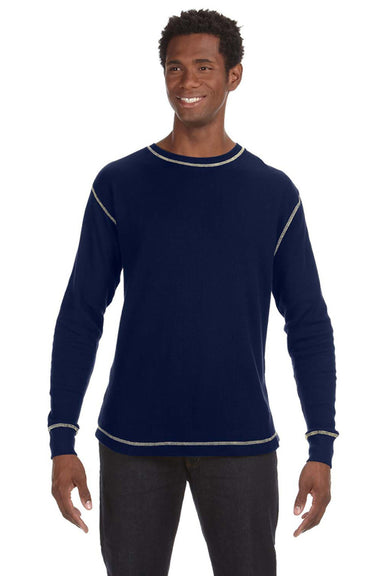 J America JA8238/8238 Mens Vintage Thermal Long Sleeve Crewneck T-Shirt Vintage Navy Blue Model Front