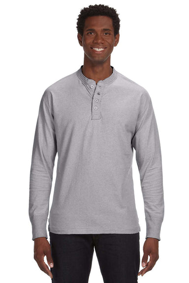 J America JA8244/8244 Mens Vintage Brushed Jersey Long Sleeve Henley T-Shirt Oxford Grey Model Front