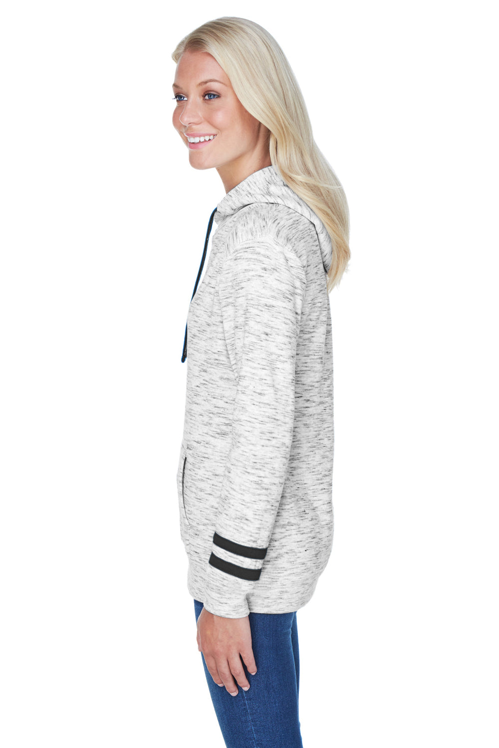 J America JA8674/8674 Womens Fleece Hooded Sweatshirt Hoodie w/ Pouch Pocket White/Black Model Side