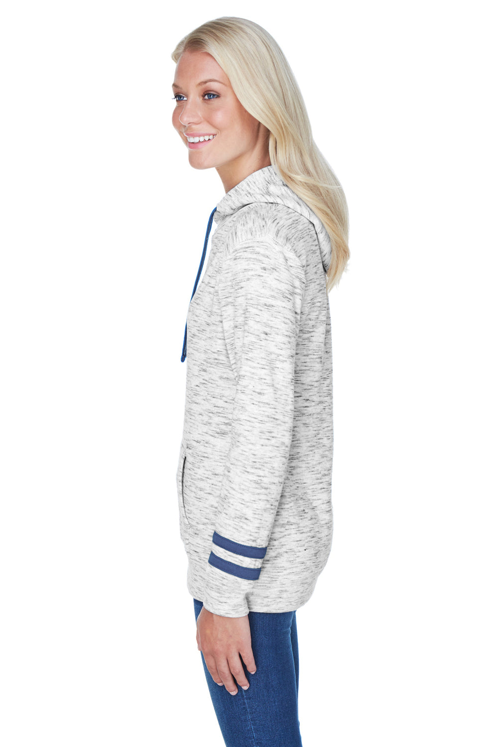 J America JA8674/8674 Womens Fleece Hooded Sweatshirt Hoodie w/ Pouch Pocket White/Navy Blue Model Side