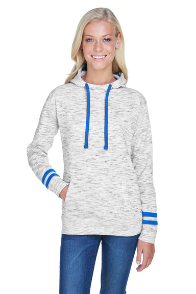 J America JA8674/8674 Womens Fleece Hooded Sweatshirt Hoodie w/ Pouch Pocket White/Royal Blue Model Front