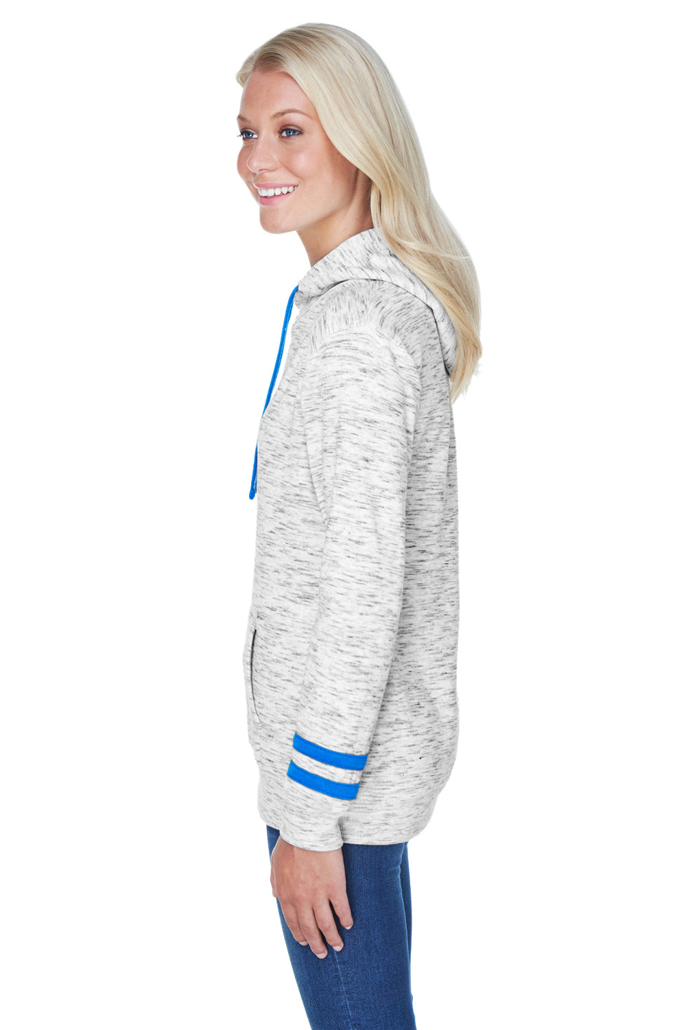 J America JA8674/8674 Womens Fleece Hooded Sweatshirt Hoodie w/ Pouch Pocket White/Royal Blue Model Side