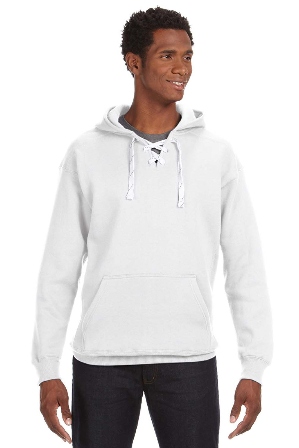 J America JA8830/8830 Mens Sport Lace Hooded Sweatshirt Hoodie w/ Pouch Pocket White Model Front