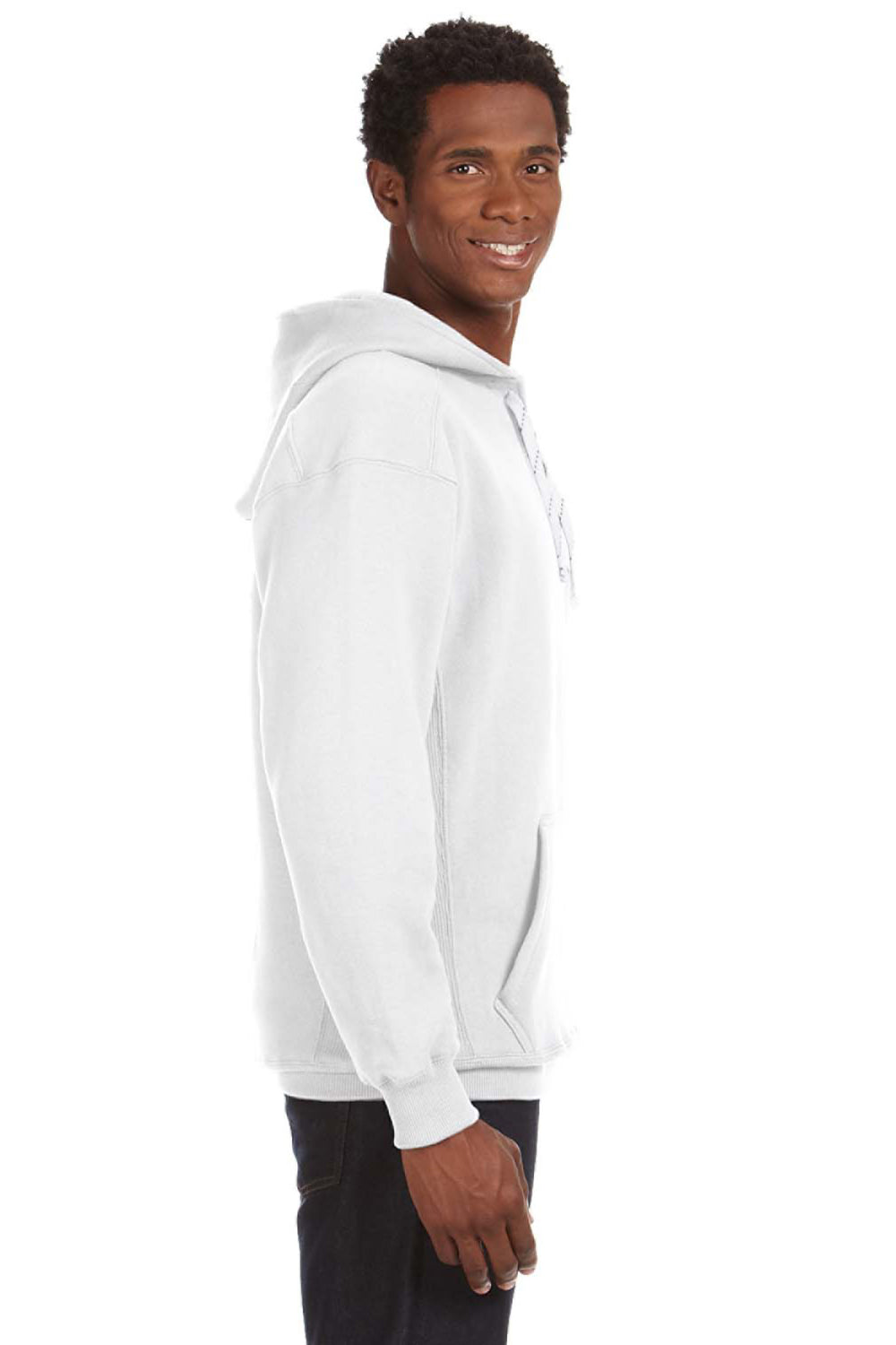 J America JA8830/8830 Mens Sport Lace Hooded Sweatshirt Hoodie w/ Pouch Pocket White Model Side