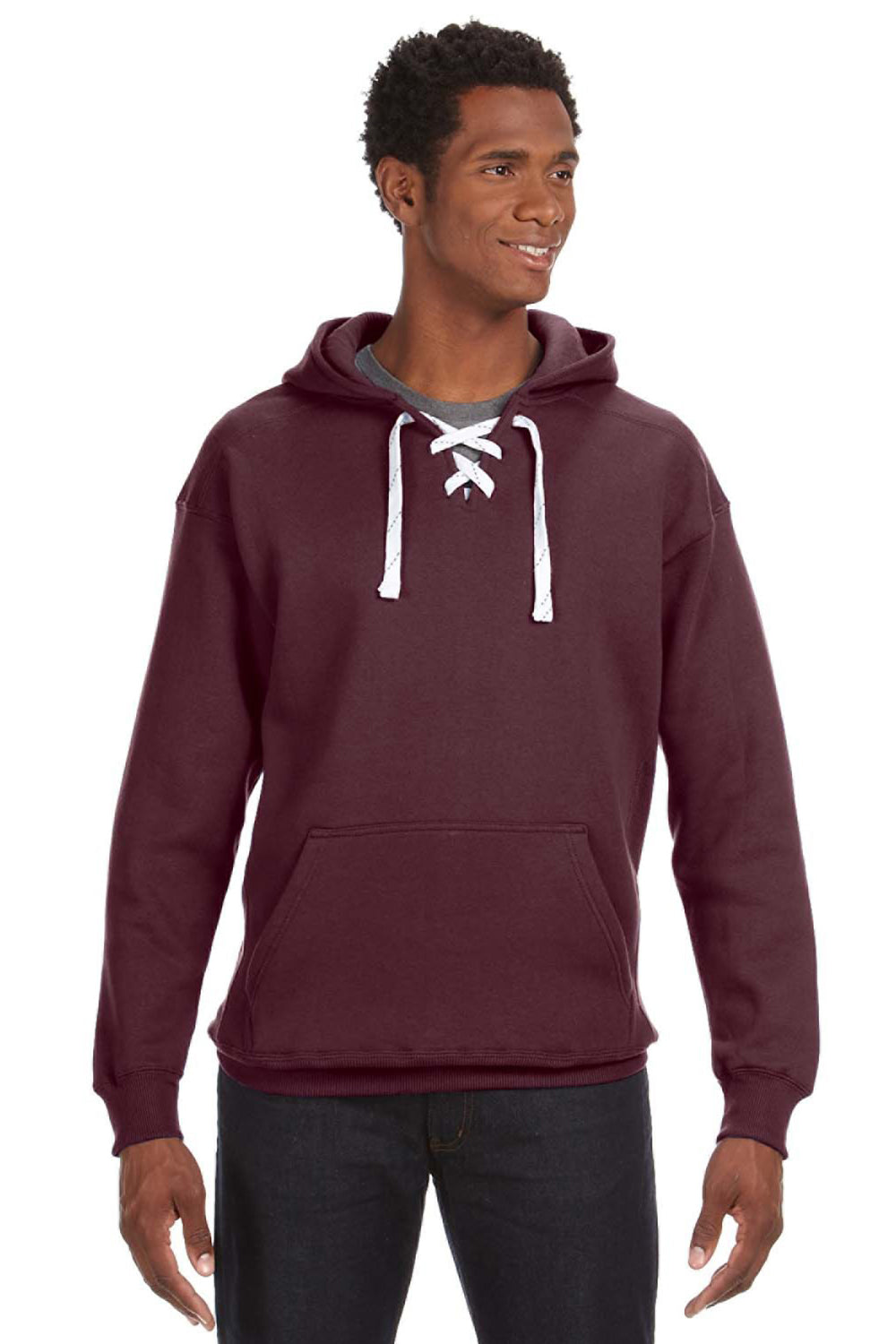 J America JA8830/8830 Mens Sport Lace Hooded Sweatshirt Hoodie w/ Pouch Pocket Maroon Model Front