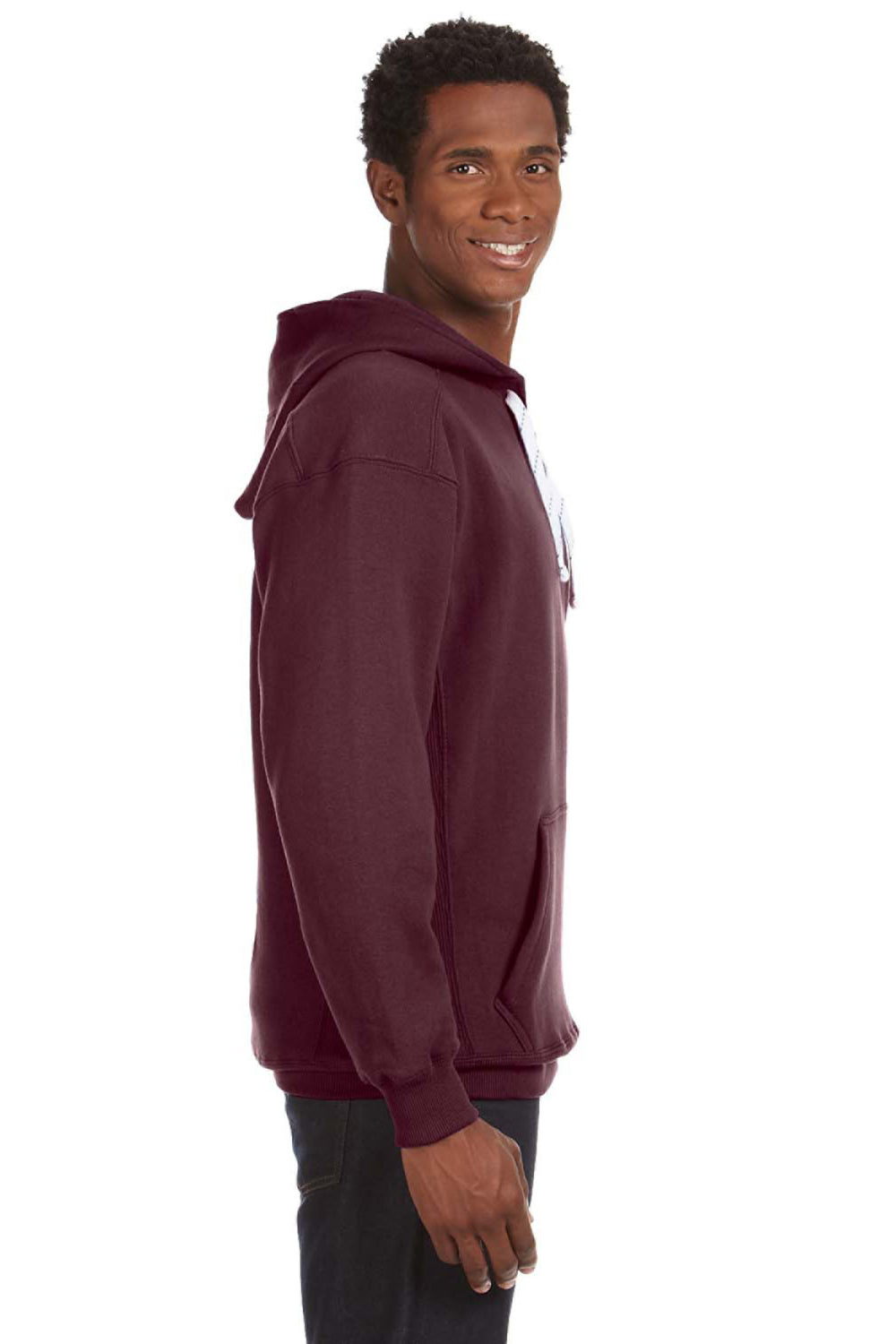 J America JA8830/8830 Mens Sport Lace Hooded Sweatshirt Hoodie w/ Pouch Pocket Maroon Model Side