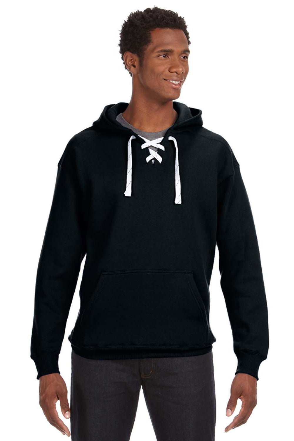 J America JA8830/8830 Mens Sport Lace Hooded Sweatshirt Hoodie w/ Pouch Pocket Black Model Front