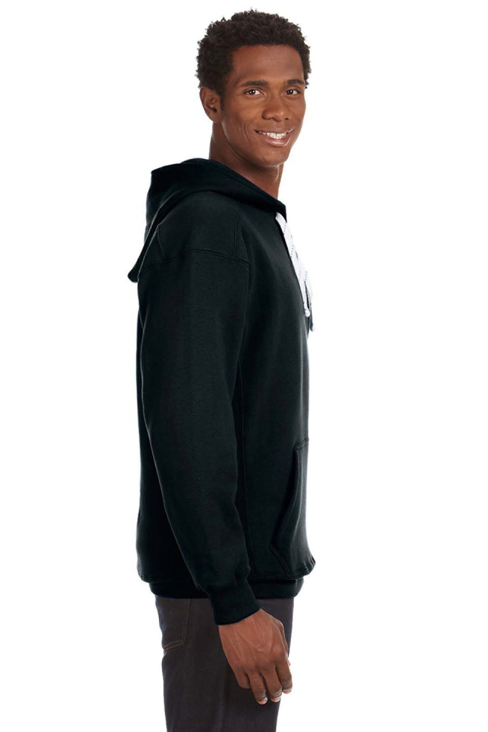 J America JA8830/8830 Mens Sport Lace Hooded Sweatshirt Hoodie w/ Pouch Pocket Black Model Side