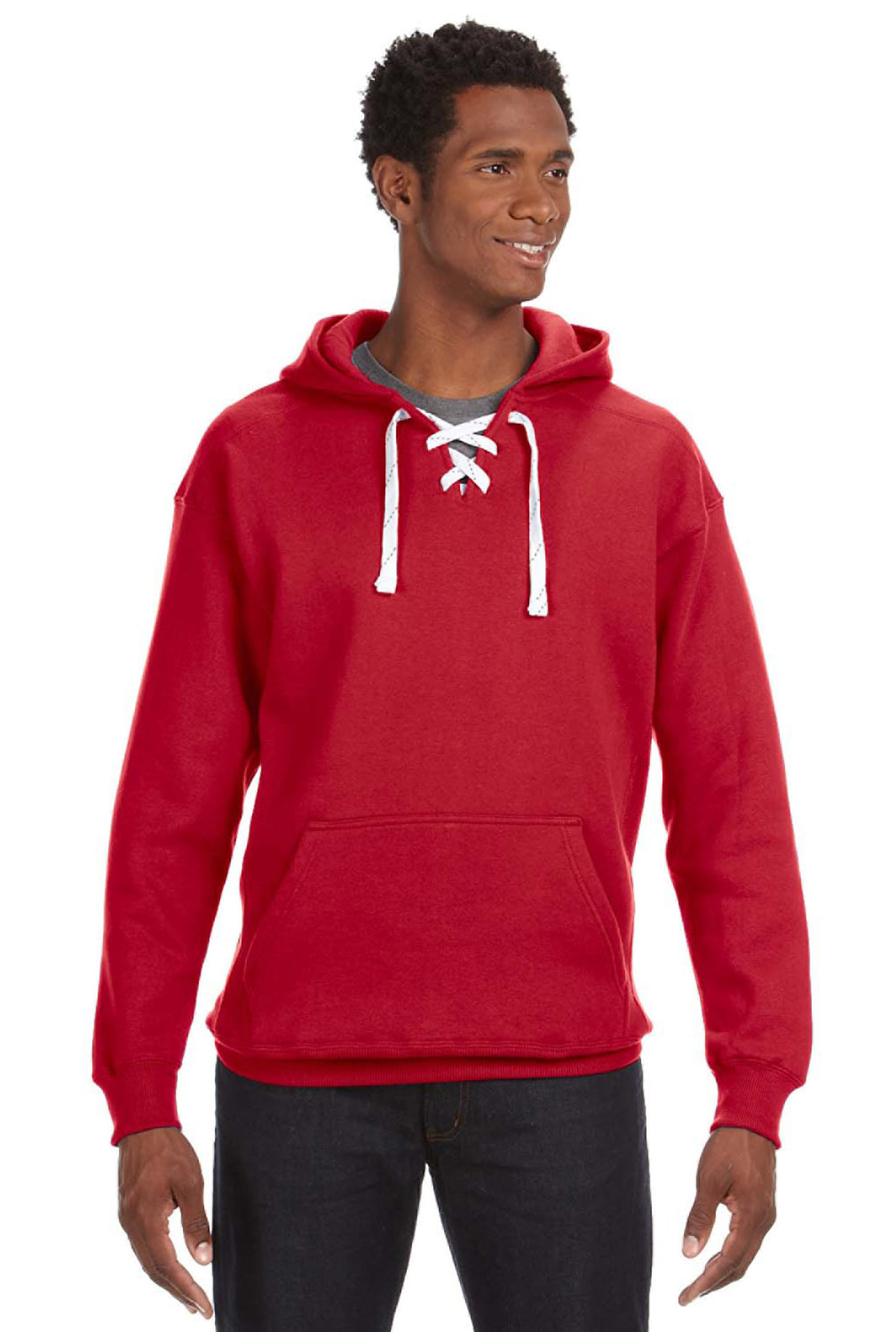 J America JA8830/8830 Mens Sport Lace Hooded Sweatshirt Hoodie w/ Pouch Pocket Red Model Front