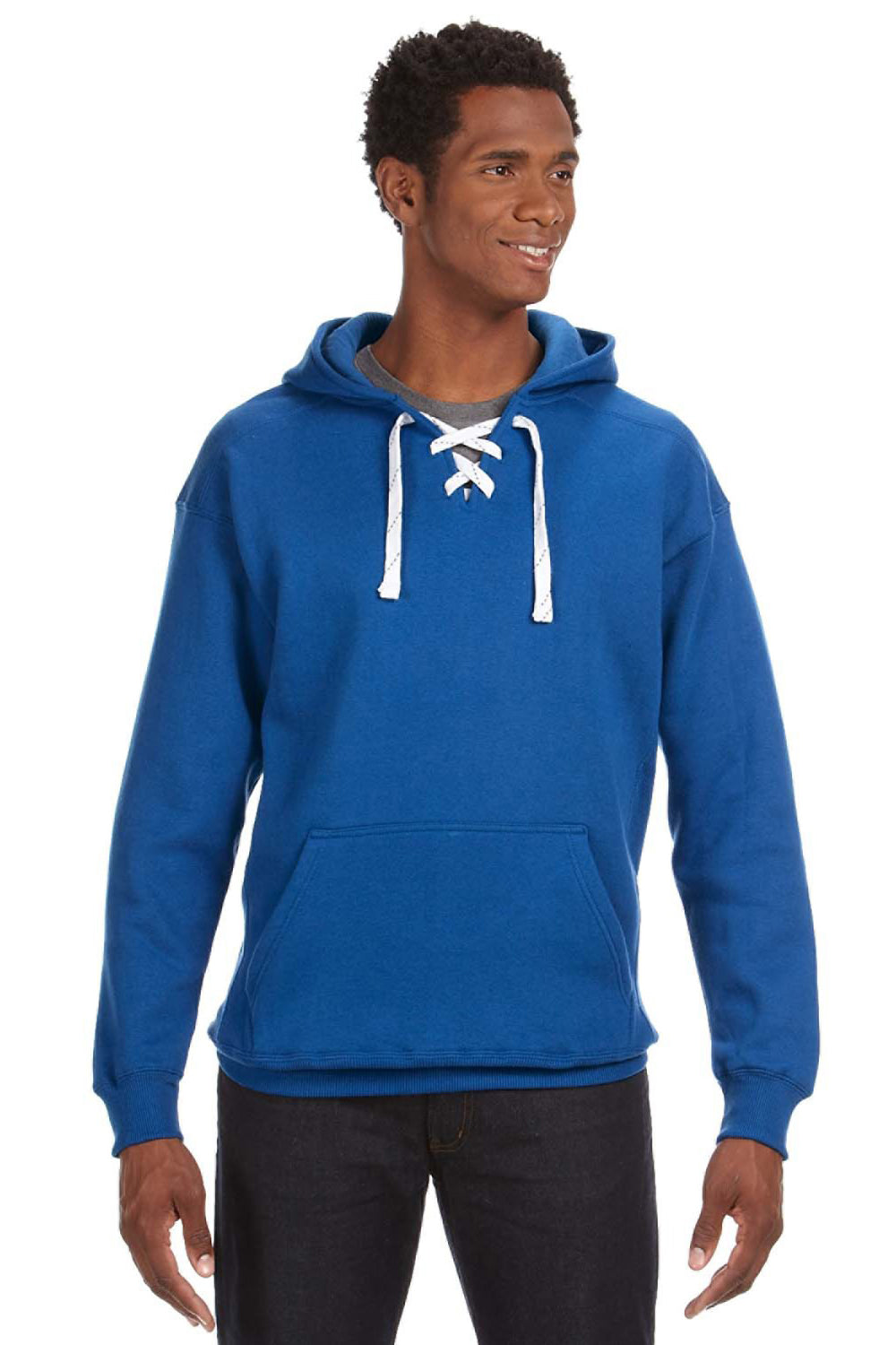 J America JA8830/8830 Mens Sport Lace Hooded Sweatshirt Hoodie w/ Pouch Pocket Royal Blue Model Front