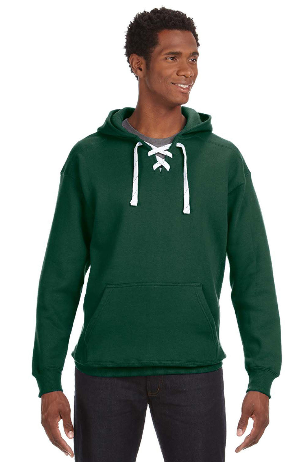 J America JA8830/8830 Mens Sport Lace Hooded Sweatshirt Hoodie w/ Pouch Pocket Forest Green Model Front