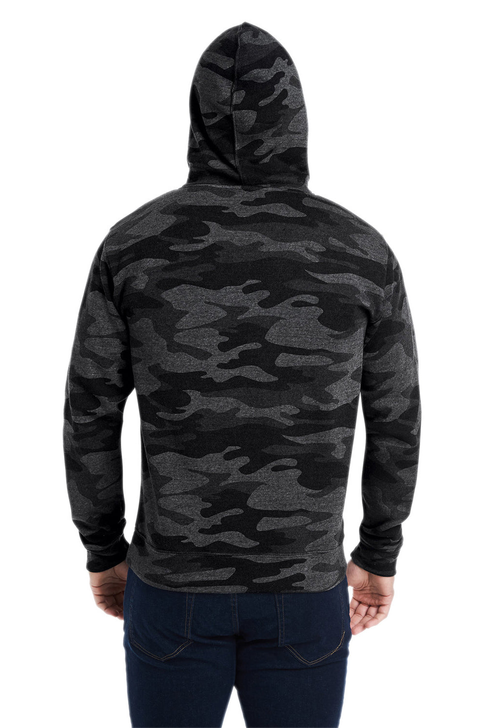 J America JA8871/8871 Mens Fleece Hooded Sweatshirt Hoodie w/ Pouch Pocket Black Camo Model Back