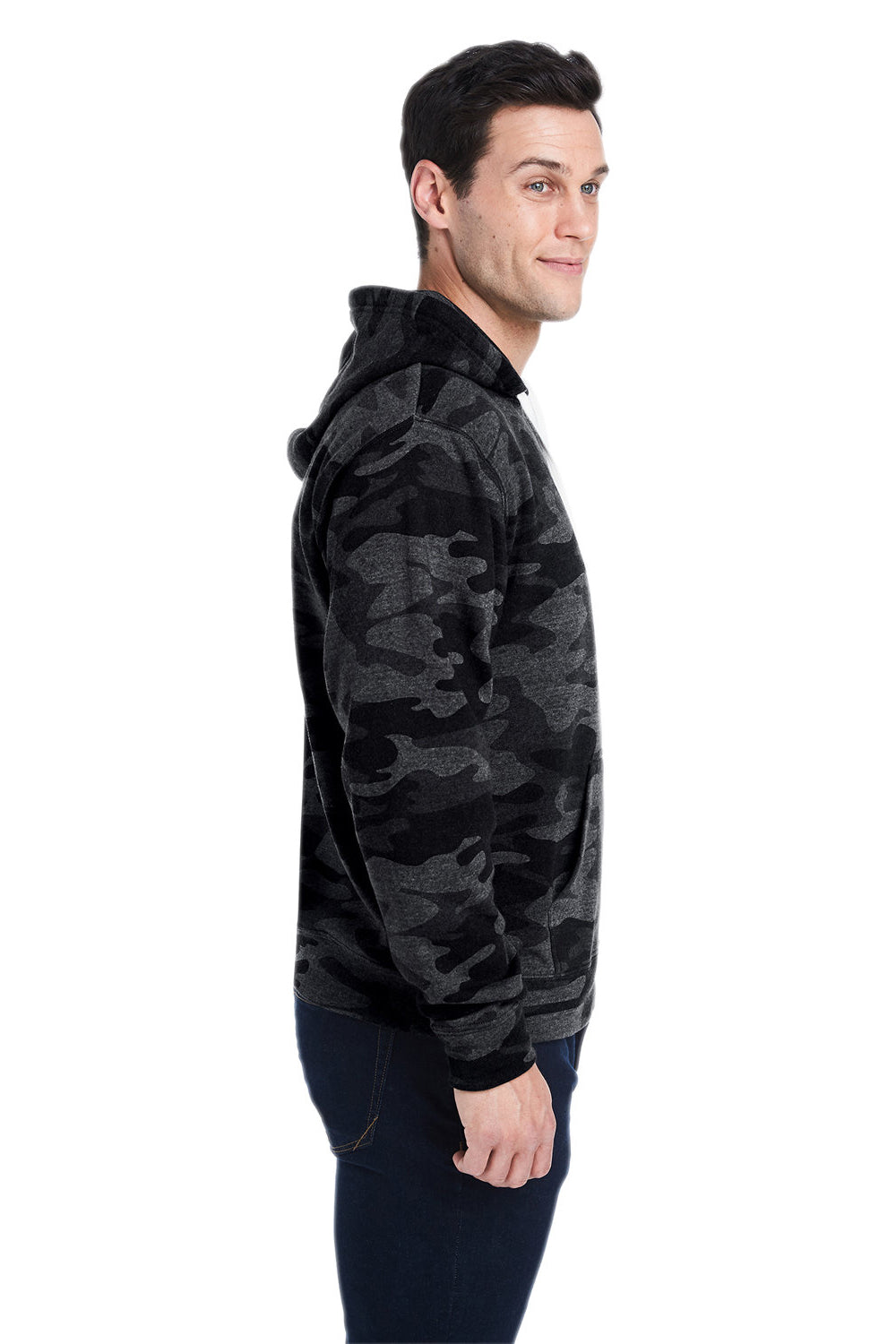 J America JA8871/8871 Mens Fleece Hooded Sweatshirt Hoodie w/ Pouch Pocket Black Camo Model Side