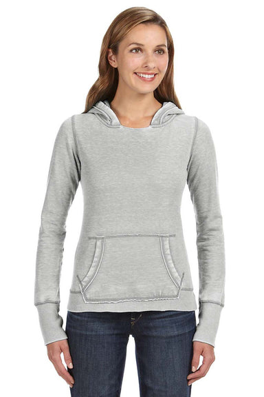 J America JA8912/8912 Womens Zen Burnout Fleece Hooded Sweatshirt Hoodie w/ Pouch Pocket Cement Grey Model Front