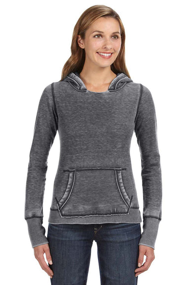 J America JA8912/8912 Womens Zen Burnout Fleece Hooded Sweatshirt Hoodie w/ Pouch Pocket Dark Smoke Grey Model Front