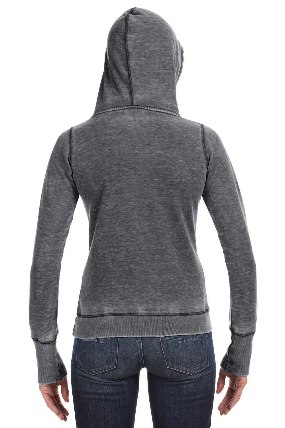 J America JA8912/8912 Womens Zen Burnout Fleece Hooded Sweatshirt Hoodie w/ Pouch Pocket Dark Smoke Grey Model Back