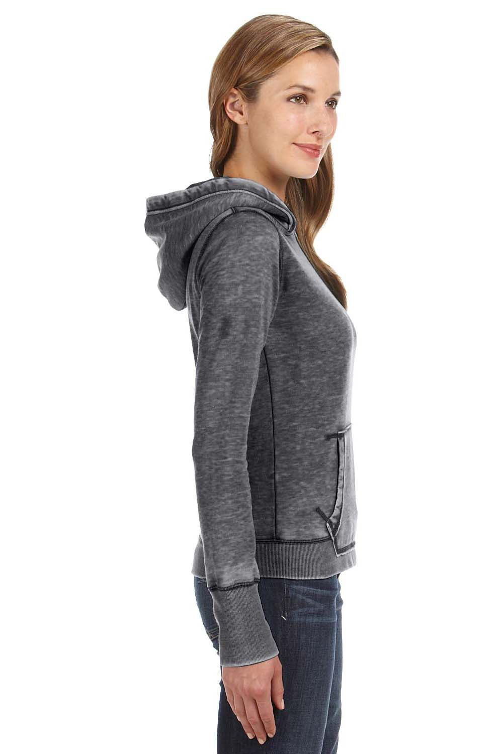 J America JA8912/8912 Womens Zen Burnout Fleece Hooded Sweatshirt Hoodie w/ Pouch Pocket Dark Smoke Grey Model Side