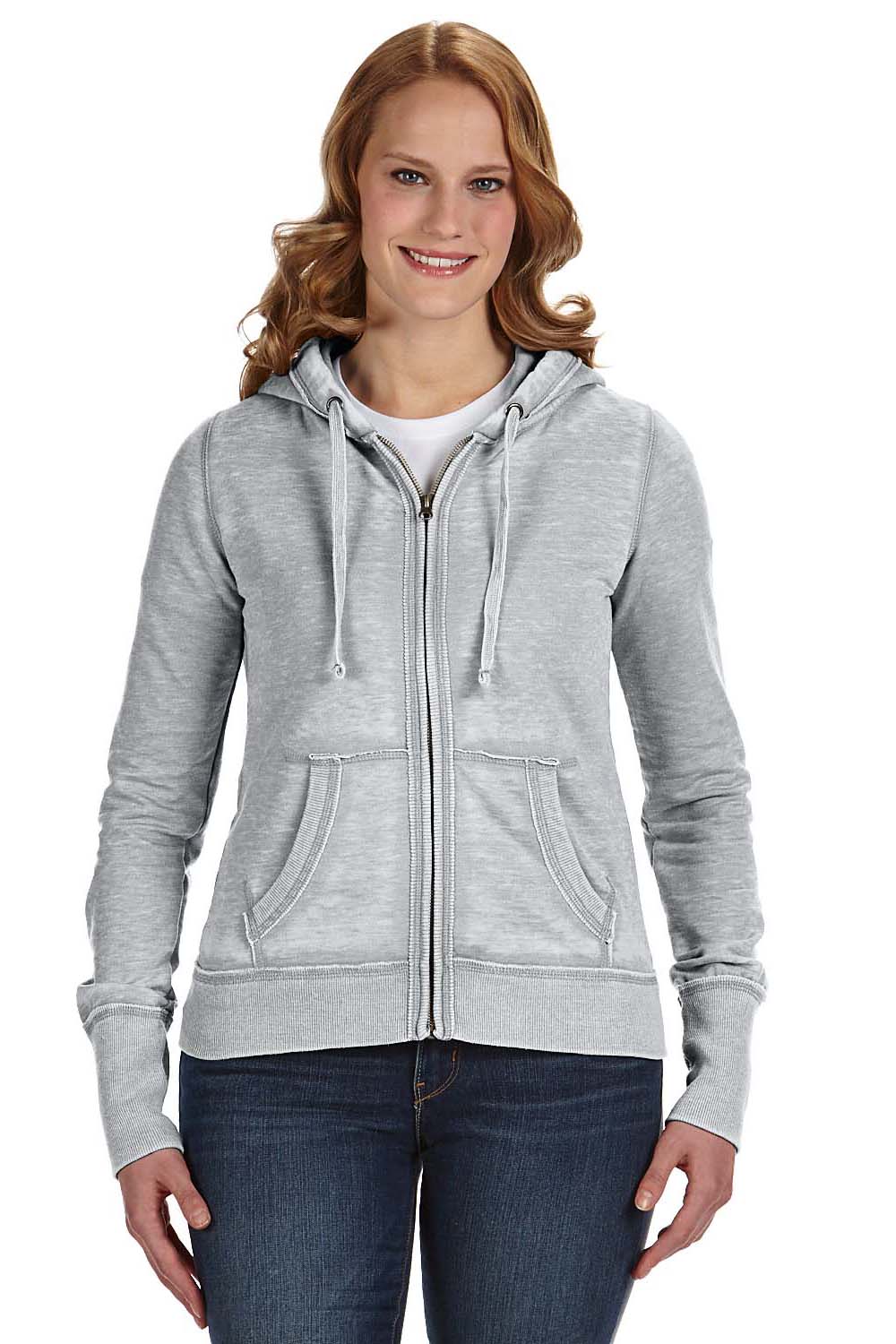 J America JA8913/8913 Womens Zen Burnout Fleece Full Zip Hooded Sweatshirt Hoodie w/ Pockets Cement Grey Model Front