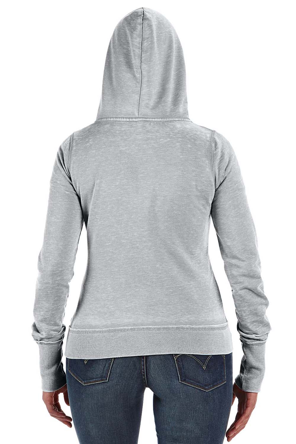 J America JA8913/8913 Womens Zen Burnout Fleece Full Zip Hooded Sweatshirt Hoodie w/ Pockets Cement Grey Model Back