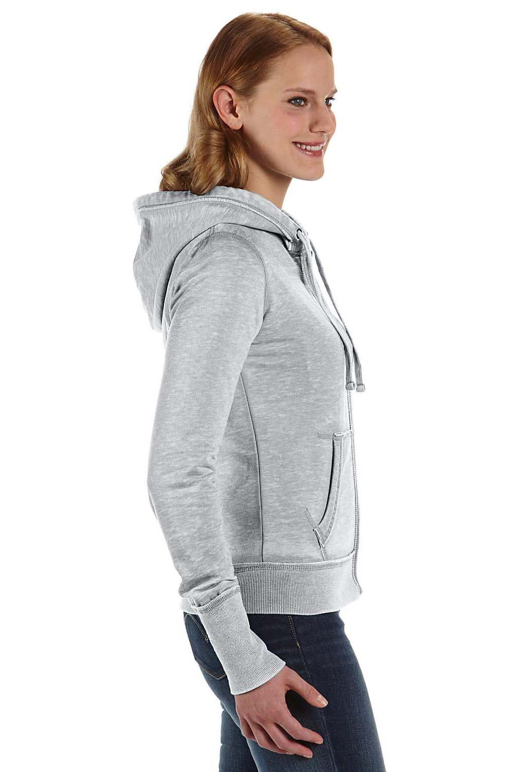 J America JA8913/8913 Womens Zen Burnout Fleece Full Zip Hooded Sweatshirt Hoodie w/ Pockets Cement Grey Model Side