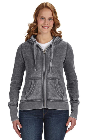 J America JA8913/8913 Womens Zen Burnout Fleece Full Zip Hooded Sweatshirt Hoodie w/ Pockets Dark Smoke Grey Model Front