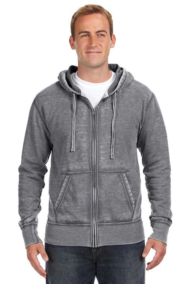 J America JA8916/8916 Mens Vintage Zen Burnout Fleece Full Zip Hooded Sweatshirt Hoodie w/ Pockets Dark Smoke Grey Model Front