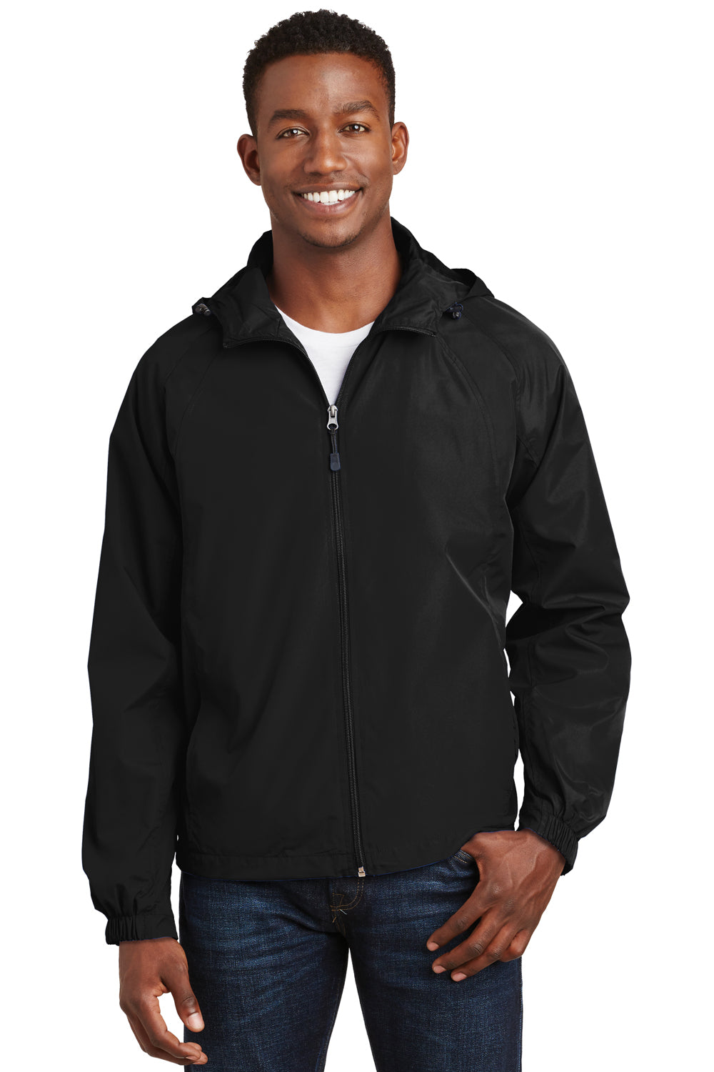 Sport-Tek JST73/TJST73 Mens Water Resistant Full Zip Hooded Jacket Black Model Front