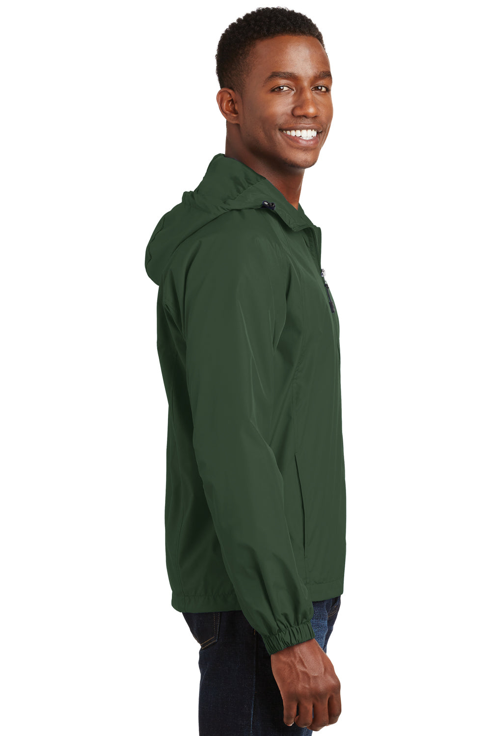 Sport-Tek JST73/TJST73 Mens Water Resistant Full Zip Hooded Jacket Forest Green Model Side