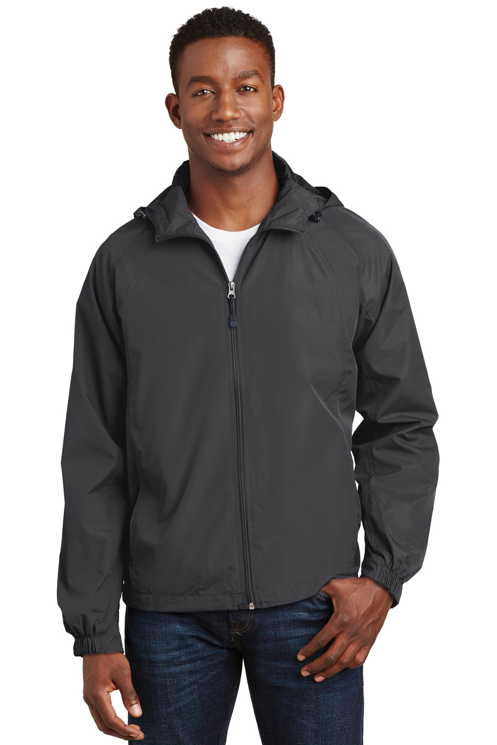 Sport-Tek JST73/TJST73 Mens Water Resistant Full Zip Hooded Jacket Graphite Grey Model Front