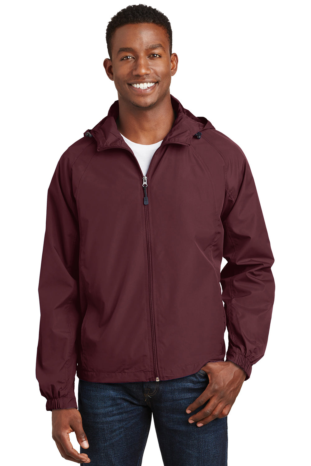 Sport-Tek JST73/TJST73 Mens Water Resistant Full Zip Hooded Jacket Maroon Model Front